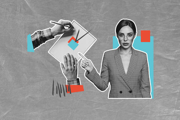 Composite photo collage of hands hold pencil approval project check mark girl director point finger...