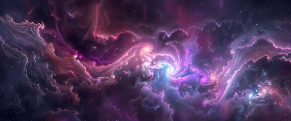 Liquid nebulae swirl and twirl, their neon tendrils intertwining in a mesmerizing dance that enchants all who gaze upon the cosmic spectacle. - obrazy, fototapety, plakaty