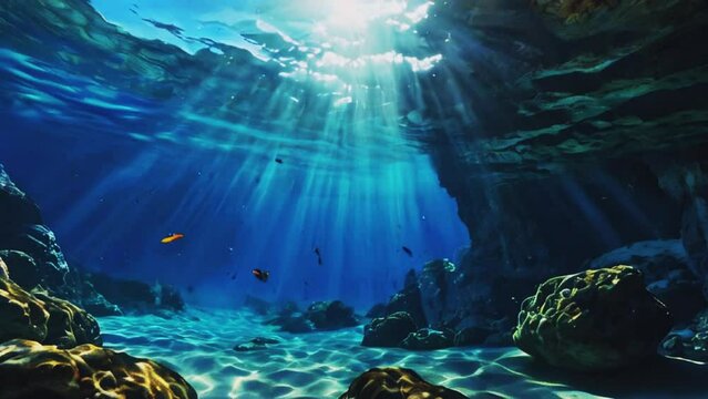 Underwater sunlight is seen through the water surface from a rocky seabed with algae and fish. Generative AI