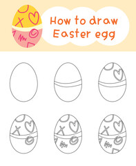 How to draw easter egg cartoon step by step for kid book, spring, coloring book and education