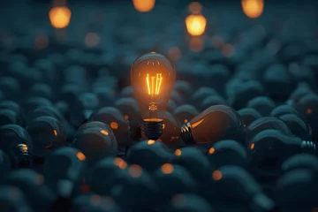 Foto op Plexiglas Illuminating the darkness, a solitary lightbulb shines amidst a backdrop of shutdown bulbs, providing space for creative thinking © pics3