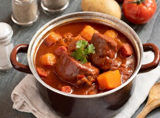 Cooking stew at home, with boiled meat, carrots and red chorizo. Traditional Argentinian cuisine dish.