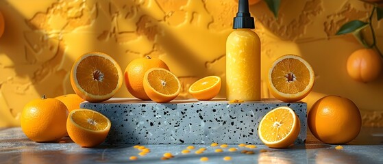 Studio shot of skincare product on stone podium with oranges. Concept Skincare Products, Studio Photography, Stone Podium, Oranges, Beauty Rituals