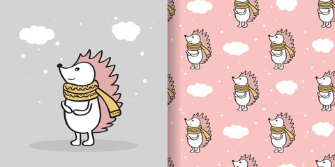 A cartoon hedgehog wearing a scarf is standing in the snow. Seamless pattern of hedgehogs for fabric, gift paper. Pink and gray background.