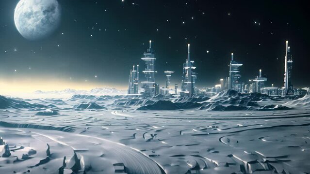 An awe-inspiring Video of a futuristic city set on a snow-covered surface, with a breathtaking moon hovering in the background, Lunar surface with a futuristic business complex, AI Generated