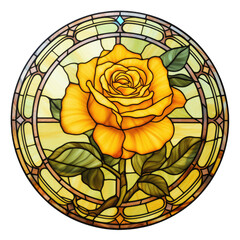 Warm Toned Yellow and Orange Rose Stained Glass Window Illustration in Circular Frame on Transparent Background