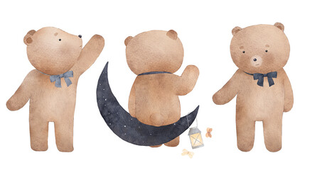 Cute bear cubs. Watercolor illustration. Can be used for cards, invitations, baby shower, posters. Vintage.