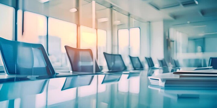 Blurred modern business office interior room for background in business concepts. Meeting room. Corporate business office. Blur light blue background of modern executive office 4K Video