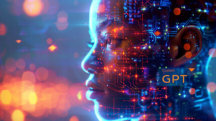 Futuristic AI Technology Concept with Digital Human Face and letters Customs GPT and Circuit Graphics