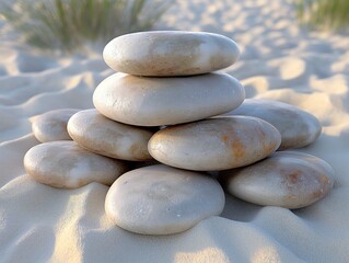 A pile of white rocks on a sandy beach. The rocks are stacked on top of each other, creating a pyramid shape. Concept of tranquility and calmness