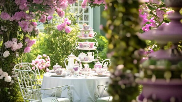 A mouthwatering cake sits atop a simple table, inviting everyone to indulge in its delectable sweetness, Mothers Day high tea setting in a fancy garden, AI Generated