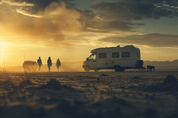 Golden hour illuminates a group and their camper in a vast desert landscape, embodying the spirit of adventure and freedom.

