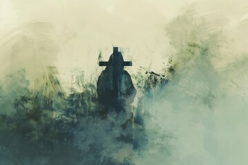 Obraz na płótnie Canvas A man holding cross in fog.