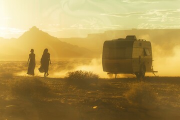 A caravan in a dusty desert with figures in silhouette against a dramatic sunset, portraying a sense of adventure.

