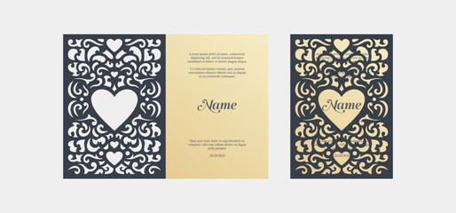 Template for laser cutting of wedding cards and invitations with heart and openwork