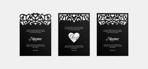 Template for laser cutting wedding invitations with heart. - obrazy, fototapety, plakaty