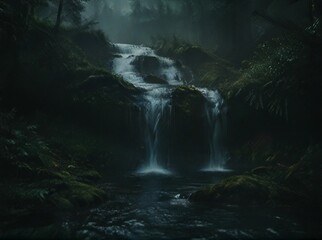 Fototapeta premium waterfall in the forest at night .