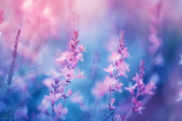 Serene meadow of delicate purple flowers under a soft pastel sky evokes tranquility in a dreamy bokeh landscape.


