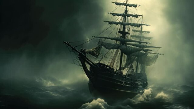 A pirate ship struggles to survive as it navigates through a treacherous storm, Mysterious phantom ship floating through foggy seas, AI Generated