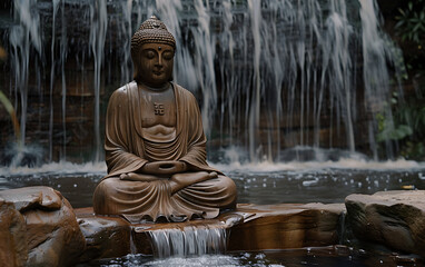 A Buddha sculpture in front of a waterfall cascading  meditating concept.  generative ai