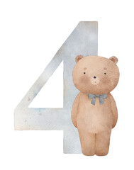 Four and teddy bear. Can be used for baby card. Watercolor hand drawn illustration.