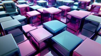 Spheres and cubes networks 3d illustration on a gradient of deep blue to dark bright pink website background.  generative ai