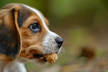 14 week old beagle gnawing on a snack