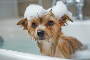 Adorable dog bathed soapy head inside home