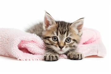 Adorable kitten with towel on white backdrop