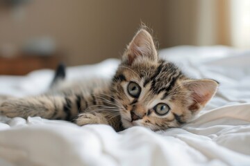 Adorable kitty on the bed - obrazy, fototapety, plakaty