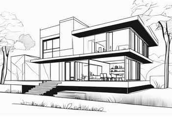 Drawing of a beautiful modern private house in line art style.