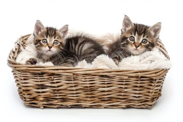 Fototapeta na wymiar Adorable kittens in wicker basket on white background