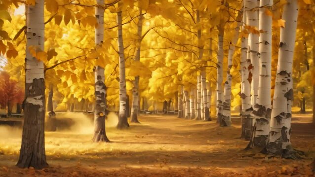 A grove of trees with yellow leaves stands tall and vibrant in the autumn season, A whimsical procession of quaking aspen trees in a park, AI Generated
