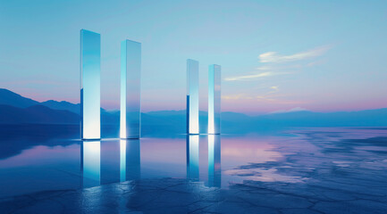 Desert glass monoliths reflected in water at twilight. Modern reflective glass columns in a serene desert landscape at dusk
