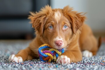 Adorable tolling retriever puppy holding a colorful toy laying down and looking at the camera