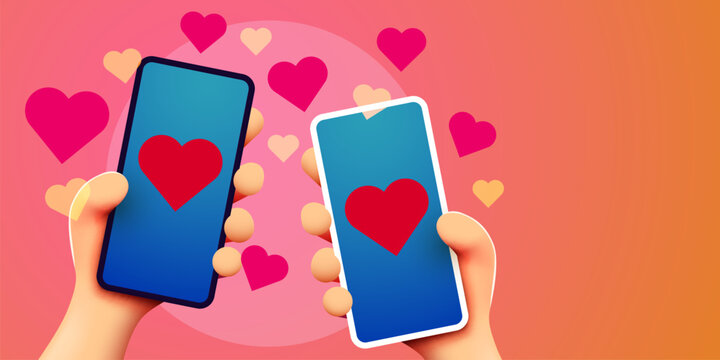 Cute cartoon hands holding mobile smartphone with Hearts icons.