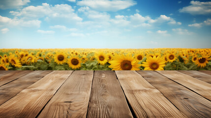 Wooden board table with background of sunflower field.