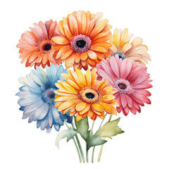 Colorful Gerbera Daisy Bouquet in Pink, Blue, Yellow, and Orange Watercolor on Transparent Background