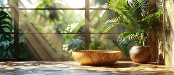 Wooden pedestal with tropical palm leaf shadow for showcasing cosmetic products. Concept Product Display, Tropical Theme, Wooden Pedestal, Palm Leaf Shadow, Cosmetic Products