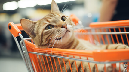 Happy cat in a cart on pet supermarket, photo shot