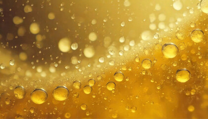 Fundo dourado com gotas e bolhas de cerveja. Quadro cheio. Imagem para fundo.