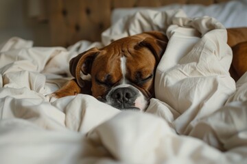 Boxer dog sleeping in owner s bed