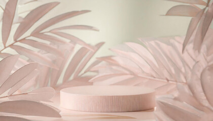 Podium with tropical pastel leaves for product presentation and on beige background. Generative AI