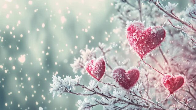 A multitude of heart-shaped decorations hang from the branches of a tree, creating a charming display, A wintery Valentines Day scene with heart shaped snowflakes, AI Generated