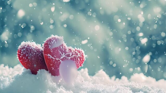 Two red hearts sit in the snowy landscape, creating a striking Video of love amidst the cold, A wintery Valentines Day scene with heart shaped snowflakes, AI Generated