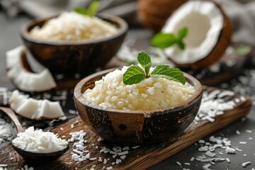 Brazilian sweet couscous pudding with coconut on wooden board Selective focus