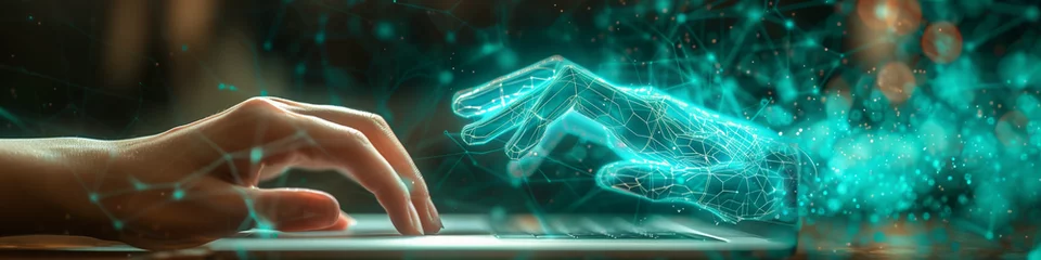 Fotobehang A person's hand reaches out from the screen of their laptop, with an AI brain floating above it in turquoise wireframe lines, illustrating concepts of digital intelligence and machine learning.  © maciej