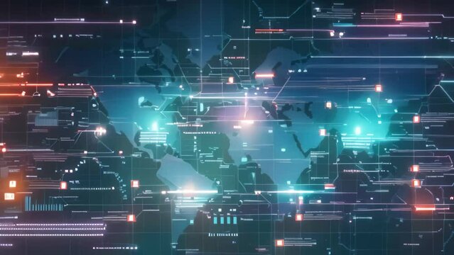 A photo showing a map of the world with numerous bright lights, indicating heavily populated or urbanized areas, A world map showing global cyber attacks, AI Generated