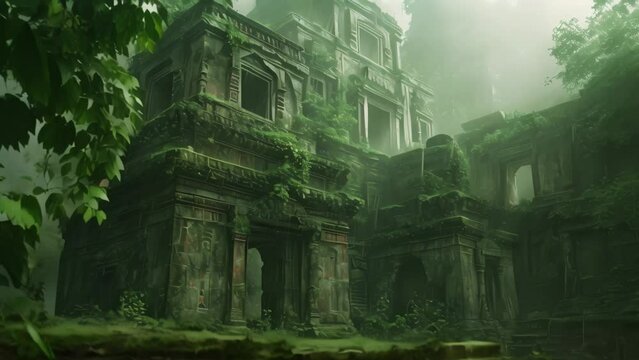 The photo showcases the remains of a decrepit building surrounded by dense foliage in the heart of the jungle, Abandoned ruins of an ancient city, AI Generated