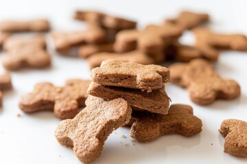 Brown dog treats on white background